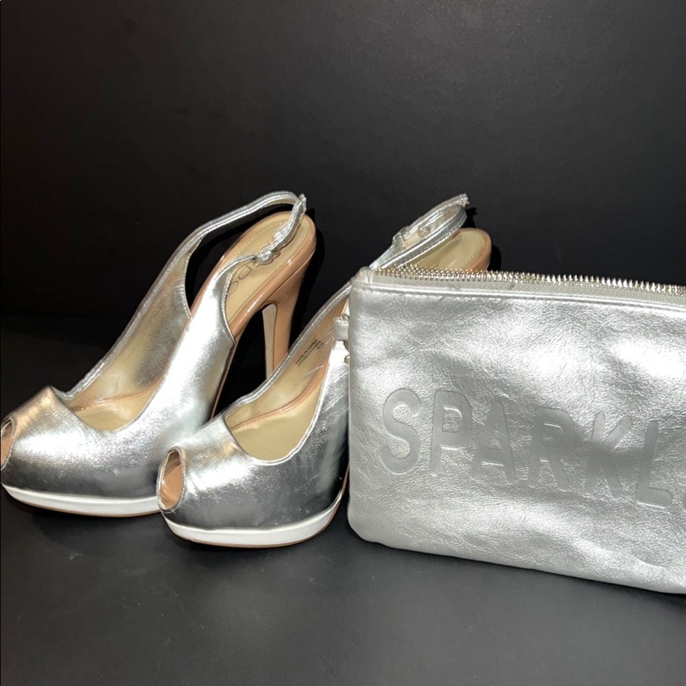 Silver Peep Toe Heels and Clutch Set